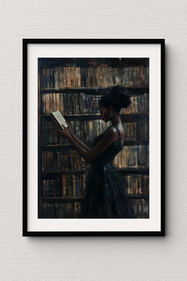 Black Wall Art | Bookworm | Library Art | Home Decor | Oil Painting Style Print | Digital Download image 8