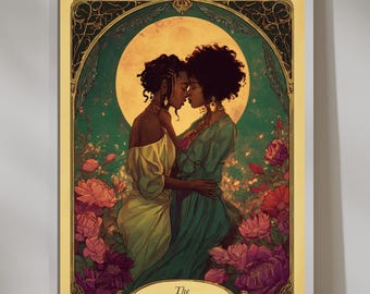 Arte mural del orgullo negro / LGBTQ+ / La carta del tarot de los amantes / Lesbiana / Descarga digital / Amor sáfico