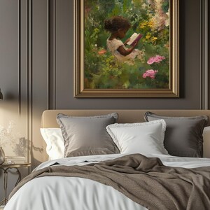 May include: A framed oil painting of a young girl sitting in a garden, reading a book. The girl is wearing a white dress and has dark hair. The garden is filled with lush greenery and pink flowers.