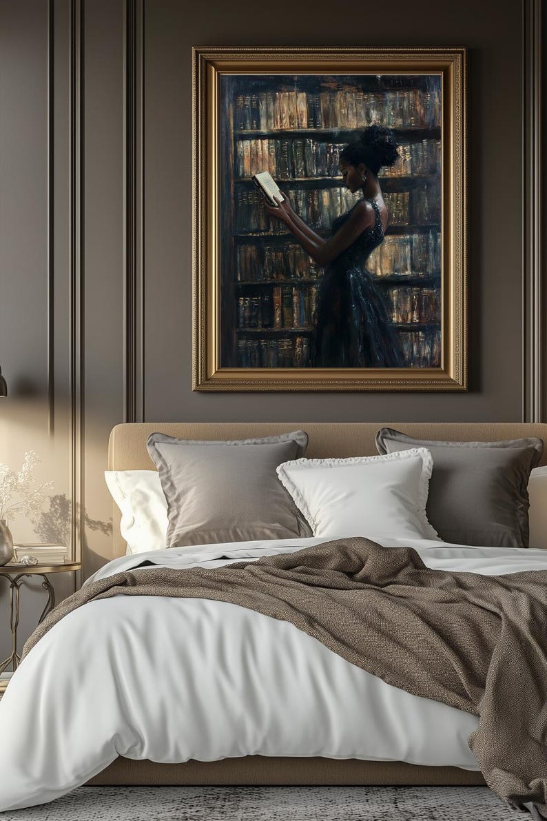 Black Wall Art | Bookworm | Library Art | Home Decor | Oil Painting Style Print | Digital Download image 2