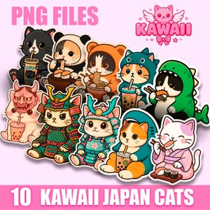 Kawaii Japan Cat Stickers – Japanese Anime Style | Hannya Mask & Sakura Colors | Cute Digital Download PNG for Planners, Crafts, Scrapbook