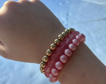 Pink and Gold Beaded Bracelets – Handmade Bracelet Set of 3 gift ideas