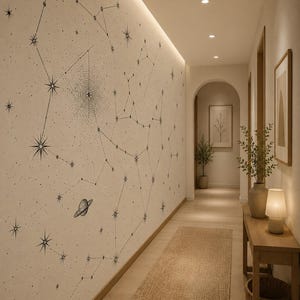 Pode incluir: Uma parede de corredor com um mural celestial em grande escala a preto e branco, com constelações, estrelas e um planeta com anéis. O design está impresso numa superfície de parede clara, estendendo-se ao longo do corredor.
