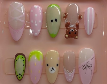 Kawaii Fruit Press On Nails Sanrio Inspired Rilakkuma & Korilakkuma Nails | Cute Handmade Gel Nail Set | Soft Girl Nails