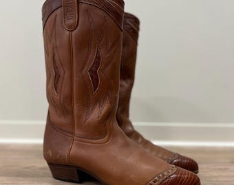 Bottes Western Vintage 70s Texas - Cuir Marron Incrustations Florales - Taille 7.5 M