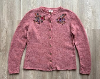 Vintage Ivko Pink Knit Cardigan Embroidered Flowers Sweater