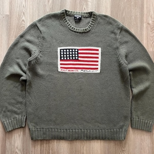 Vintage Polo Jeans Co Ralph Lauren USA Flag Knit Khaki Sweater Y2K