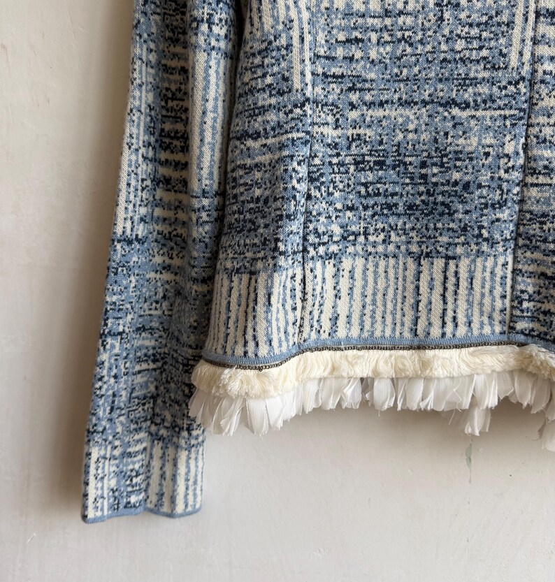 May include: A long-sleeved knit sweater featuring a blue and white plaid pattern with a textured, mottled appearance. The hem is finished with a decorative trim consisting of a thin metallic chain and a layer of white fringe.