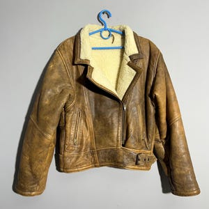 Vintage gewassen bruin echt leren bikerjack motorbommenwerper