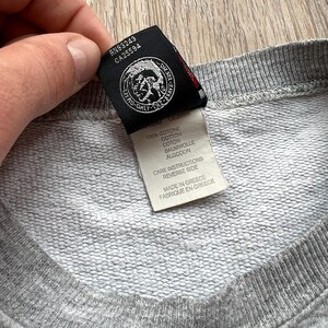 May include: A grey cotton sweatshirt with a Diesel logo tag. The tag features the text "Diesel Only The Brave" and the numbers "RN93243 CA25594". The tag also includes care instructions and information about the fabric composition: 100% cotone, cotton, coton, baumwolle, algodon. The tag also states that the sweatshirt is made in Greece.