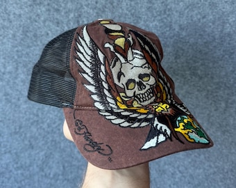 Ed Hardy by Christian Audigier Skull Eagle Brown Trucker Cap Y2K AvantGarde Hat