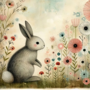 May include: A gray rabbit sits in a field of colorful flowers. The rabbit is looking to the right, and the flowers are in various shades of pink, red, blue, and white.