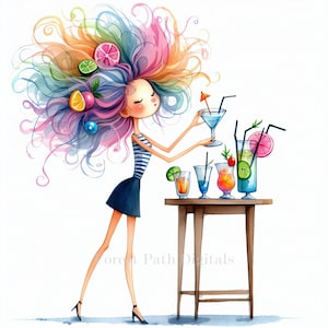 Op de afbeelding: Waterverfillustratie van een vrouw met kleurrijk haar versierd met fruitschijfjes. Ze draagt een gestreepte top en een blauwe rok, met een cocktail in haar hand. Een kleine houten tafel toont verschillende cocktails. De afbeelding heeft een grillige, artistieke stijl.