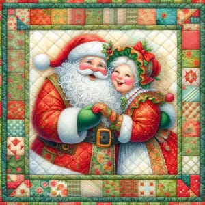 May include: A festive Christmas quilt featuring Santa Claus and Mrs. Claus embracing. The quilt has a patchwork border in shades of green, red, and cream. Santa wears a red suit with green gloves, while Mrs. Claus is in a matching outfit. The image evokes holiday cheer.