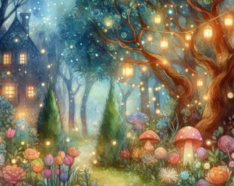 Colorful Magical Forest - Digital Clip Art Bundle, Whimsical, Lanterns, Fairytale, Fireflies, Garden, Cottage, Paths, Sunset
