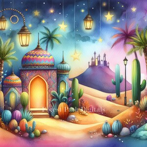 Desert Oasis - Clip Art-bundel, Digitale download, Digitale bestanden, Grillig, Nacht, Maan, Sterren, Marokko, Bomen, Cactus, Vetplanten