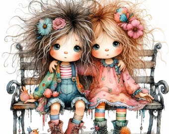 Whimsical Best Friends - Digital Clip Art Bundle, Shabby Chic, Flowers, Park Bench, Friendship, Family, Quirky, School Friends, Sisters