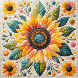 May include: A square, quilted wall hanging featuring a large, central sunflower with yellow, orange, and pink petals. The design includes teal and green leaves, smaller sunflowers, and floral accents on a cream background.