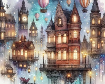 Floating Victorian City - Digital Clip Art Bundle, Castle, Hot Air Balloon, House, Dreams, Cloud, Steampunk, Whimsical, Books, Magic