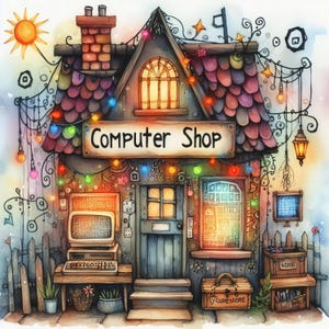 Puede incluir: Una ilustración caprichosa de una tienda de informática con una fachada colorida, un ordenador vintage y un cartel que dice "Computer Shop".