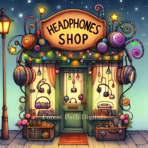 Kopfhörer Shop - Clip Art Bundle, Digitale Bilder Dateien Download, Skurril, Stadt, Musiker, Plattenspieler, Vinyl, Retro, Musik, Videospiele
