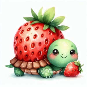 Puede incluir: Una linda tortuga de dibujos animados con una cáscara de fresa roja. La tortuga sostiene una pequeña fresa roja en su mano derecha. La tortuga tiene una cáscara verde y una expresión feliz en su rostro.