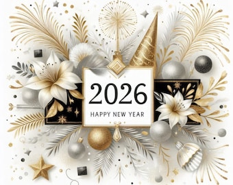 Classic Happy New Year 2026 - Clip Art Bundle, Digital Files, Whimsical, Holiday, Gold, Silver, Glitter, Flowers, Classy, Stars, Fireworks