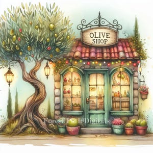 Olive Shop - Clip Art Bundle, Digitale Dateien Bilder Download, Skurril, Charcuterie, Snacks, Geschäft, Dorf, Italien, Öl, Europa