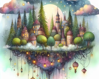 Floating Forest City - Digital Clip Art Bundle, Castle, Hot Air Balloon, House, Dreams, Clouds, Treehouse, Whimsical, Books, Magic