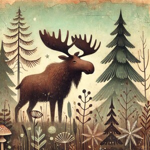 May include: A brown moose with large antlers stands in a forest setting. The moose is surrounded by green trees, brown bushes, and white flowers. The background is a light blue sky with white stars.