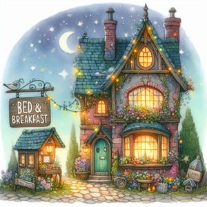 Puede incluir: Ilustración en acuarela de un encantador bed and breakfast por la noche. El edificio tiene una fachada de piedra, una puerta verde azulado y está adornado con flores y luces de cadena. Un letrero dice "BED & BREAKFAST" bajo una luna creciente y un cielo estrellado.