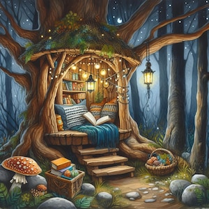 Magische Leseecke Wald - Clip Art Bundle, Digital Download, Digitale Dateien, Märchen, Buch, Baumhaus, gemütlich, Bibliothek