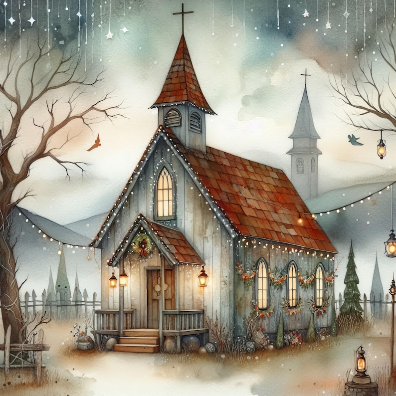 May include: A quaint, rustic wooden church with a red roof and a steeple, decorated with twinkling lights and greenery. The church is surrounded by trees and a snowy landscape, creating a magical winter scene.