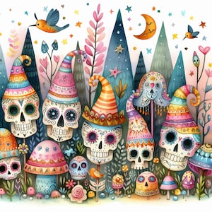 May include: Watercolor illustration of a whimsical forest scene with colorful, skull-shaped characters wearing hats. The characters are surrounded by trees, flowers, and stars.