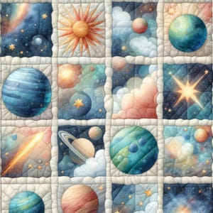 May include: A celestial-themed quilt with a patchwork design. The squares depict planets, stars, and the sun in a palette of blues, oranges, and greens. The quilt is bordered with white.
