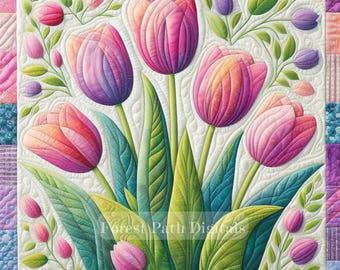 May include: A quilted square featuring a floral design of pink and purple tulips with green leaves against a white background. The quilt has a patchwork border with various pastel colors and patterns. The text "Forest Path Digitals" is visible.