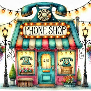 Phone Shop - Clip Art-bundel, digitale download, digitale bestanden, grillig, stad, winkel, telefoon, telefooncel, draaiknop, retro