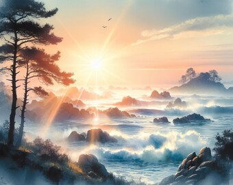 Cool Coastal Morning - Digital Clip Art Bundle, Ocean, Sea, Seaside, Beach, Coastline, Bay, Rocky Cliffside, Clouds, Fog, Mist, Waves
