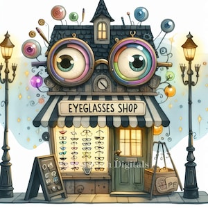 Puede incluir: Ilustración de una tienda de gafas con el letrero "EYEGLASSES SHOP". La tienda presenta gafas grandes con forma de ojo como elemento de diseño. Un letrero en forma de A muestra varias monturas de gafas. Lámparas de calle flanquean la tienda.