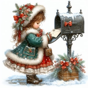May include: A young person in a winter coat and hat places a letter in a black mailbox. The coat is teal with white fur trim and red accents. The mailbox is decorated with snow and a red bow. A wooden box with greenery and red bows sits at the base.