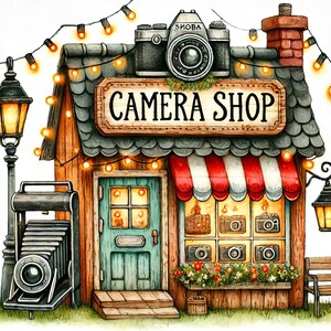 May include: A watercolor illustration of a camera shop with a red and white striped awning. The shop has a sign that says "CAMERA SHOP" and a vintage camera on top. There are string lights hanging above the shop.