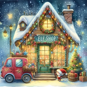 May include: Watercolor illustration of a festive Elf Shop with a red delivery truck. The shop is decorated with lights, wreaths, and snow. A small elf stands near the shop entrance, and a Christmas tree is to the right.