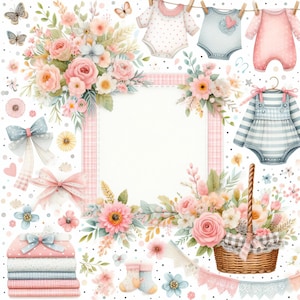 Könnte beinhalten: Aquarell-Illustration mit Babykleidung, Schleifen, Blumen und Schmetterlingen. Das Bild enthält einen rosa Vichy-Rahmen, einen Blumenkorb und einen Stapel Decken. Sanfte Pastellfarben schaffen ein sanftes, einladendes Thema.