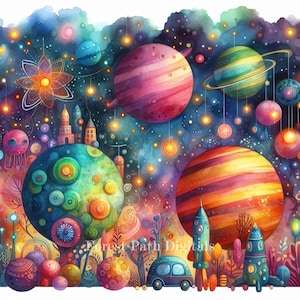Colorful Outer Space - Clip Art Bundle, Digital File Images Download, Whimsical, Quirky, UFO, Aliens, Saturn, Star, Moon, Sun, Planets