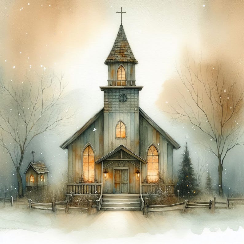 May include: A watercolor painting of a small, wooden church with a steeple and a cross on top. The church is lit up with warm, yellow lights, and there is a small, wooden building next to it. The scene is set in a snowy, wintery landscape.