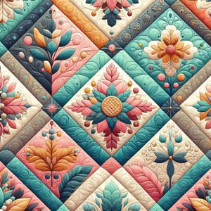 Könnte beinhalten: Ein farbenfrohes, gestepptes Muster mit floralen und Blattmotiven in einem sich wiederholenden geometrischen Design. Das Design verwendet Rosa, Türkis, Orange und Creme mit aufwendigen Details und Texturen. Die Gesamtästhetik erinnert an einen Patchwork-Quilt.