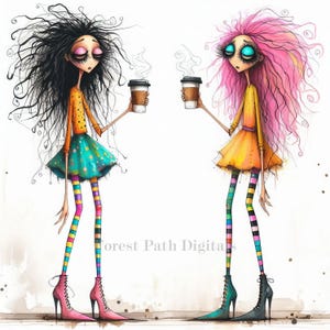 Quirky Coffee - Clip Art Bundle, digitaler Download, digitale Dateien, wunderlich, Mädchen, Kaffeehaus, Restaurant, Morgenkaffee