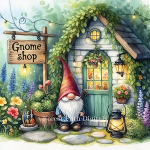 Boutique nain - Images de fichiers à téléchargement numérique, original, fantaisiste, jardin, fantastique, dessin animé, arrière-cour, fleurs, arbres, chalet
