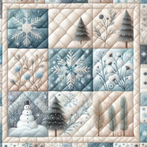 May include: A quilted winter-themed blanket featuring a patchwork design. The squares display snowflakes, snow-covered trees, and a snowman in shades of blue, white, and beige. The quilt has a diamond pattern.