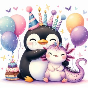 Axolotl & Pinguin Geburtstag - Clip Art Bundle, digitaler Download, digitale Dateien, wunderlich, Luftballons, beste Freunde, Kinderkarte, Kuchen, Kerzen